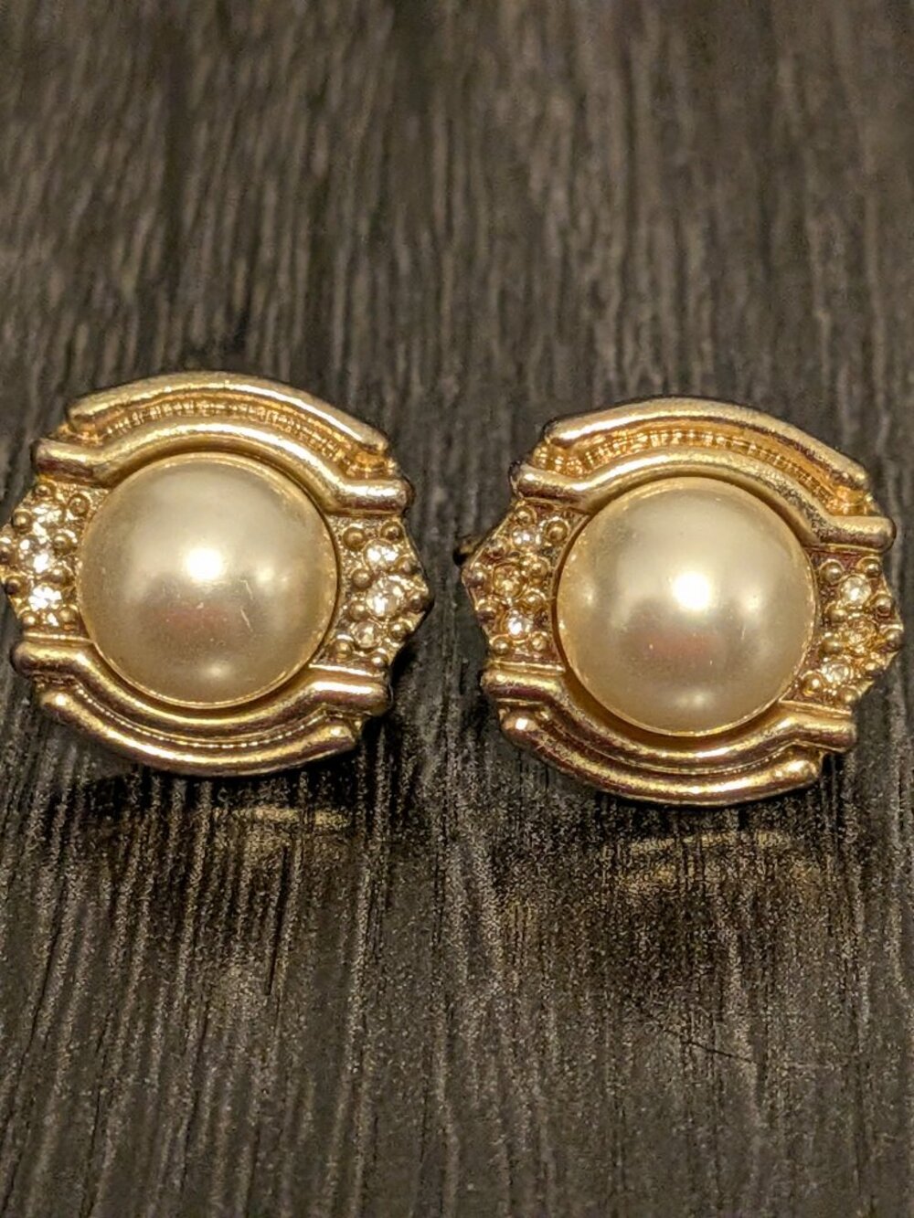 Vintage RMN Faux Pearl Rhinestone Gold Tone Clip-On Earrings